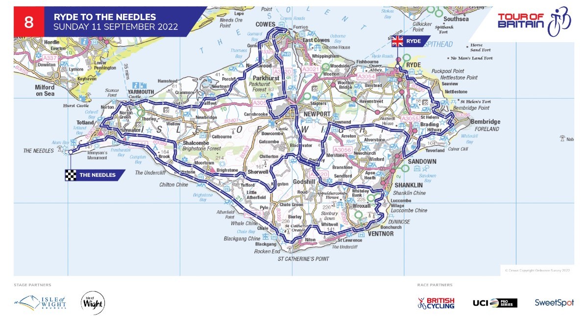 Tour of Britain route map on the Isle of Wight